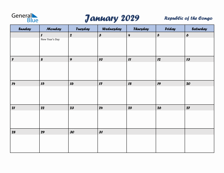 January 2029 Calendar with Holidays in Republic of the Congo