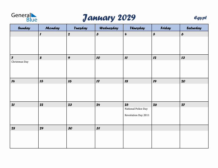 January 2029 Calendar with Holidays in Egypt