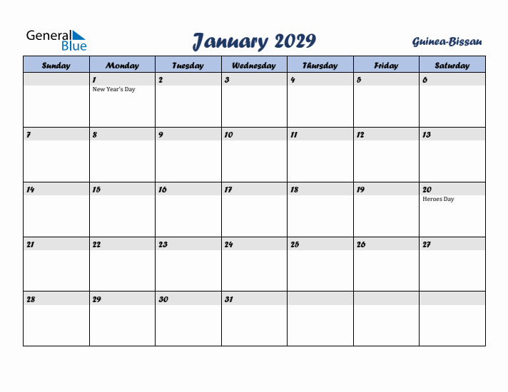 January 2029 Calendar with Holidays in Guinea-Bissau