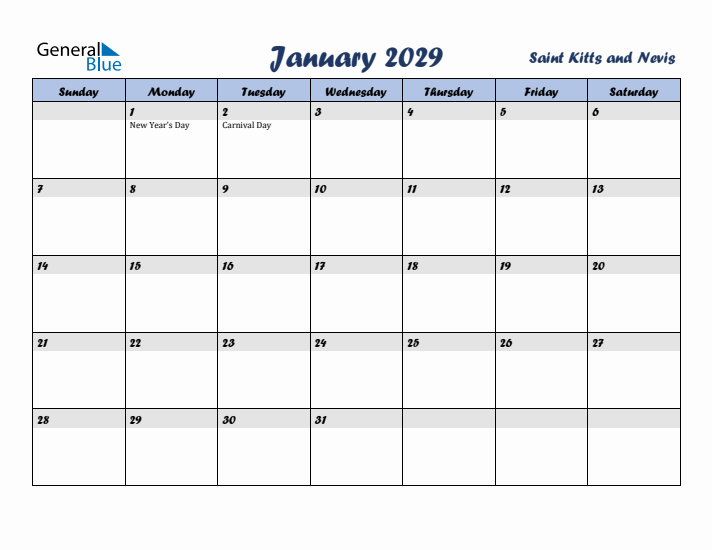 January 2029 Calendar with Holidays in Saint Kitts and Nevis