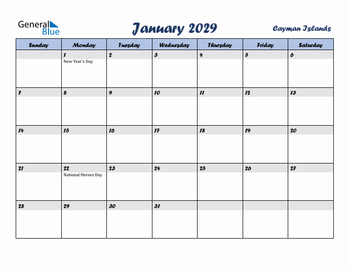 January 2029 Calendar with Holidays in Cayman Islands