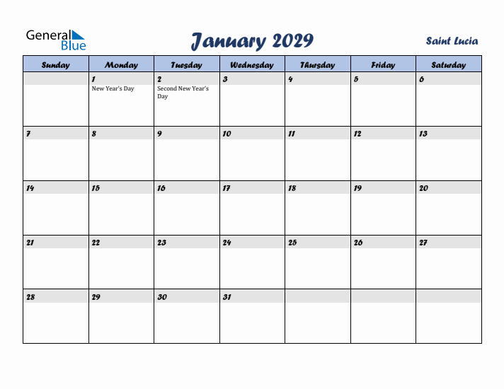 January 2029 Calendar with Holidays in Saint Lucia