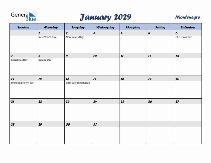 January 2029 Calendar with Holidays in Montenegro