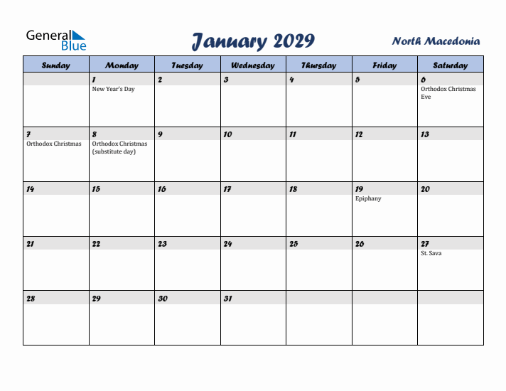 January 2029 Calendar with Holidays in North Macedonia