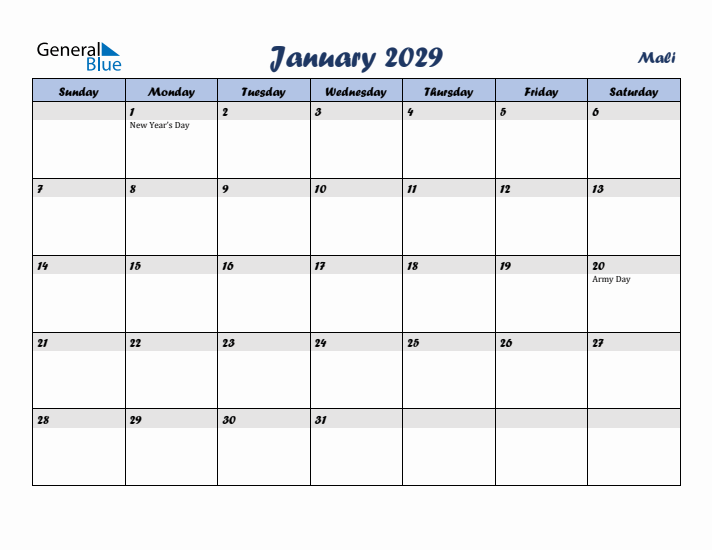 January 2029 Calendar with Holidays in Mali