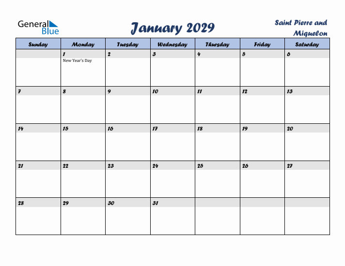 January 2029 Calendar with Holidays in Saint Pierre and Miquelon
