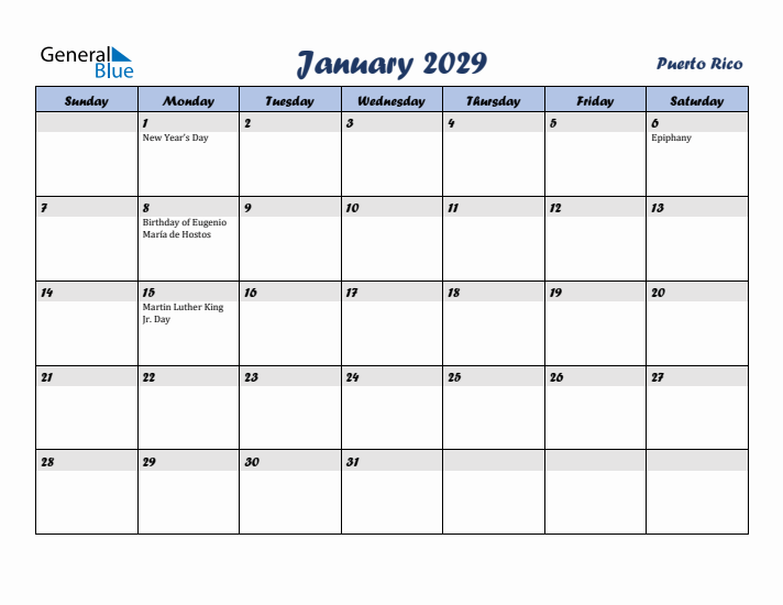 January 2029 Calendar with Holidays in Puerto Rico