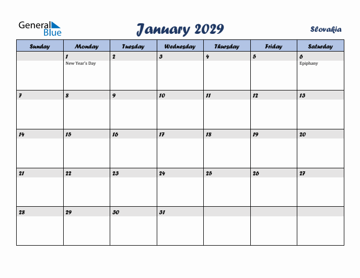 January 2029 Calendar with Holidays in Slovakia