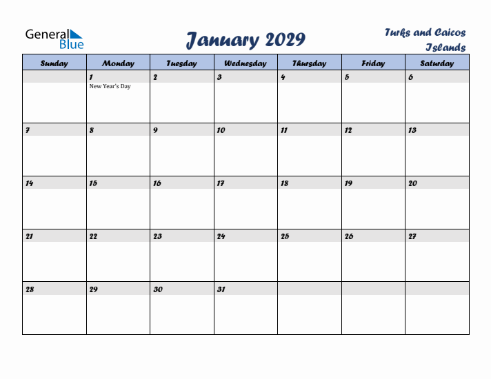January 2029 Calendar with Holidays in Turks and Caicos Islands