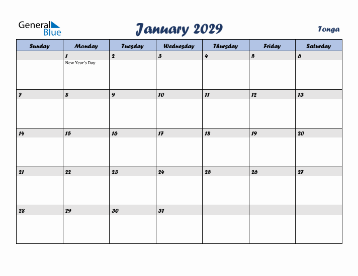 January 2029 Calendar with Holidays in Tonga