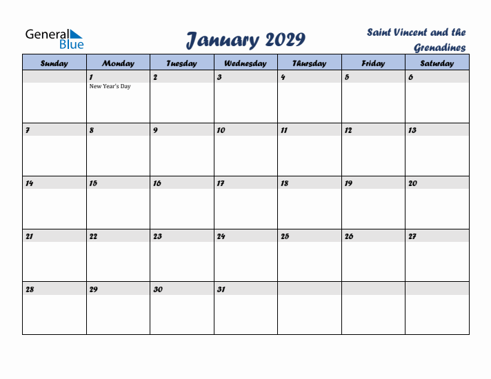 January 2029 Calendar with Holidays in Saint Vincent and the Grenadines