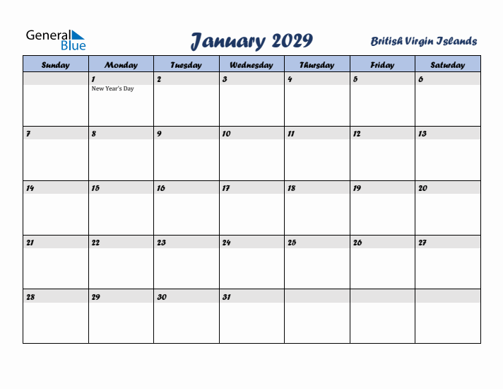 January 2029 Calendar with Holidays in British Virgin Islands