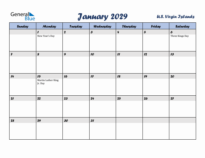 January 2029 Calendar with Holidays in U.S. Virgin Islands