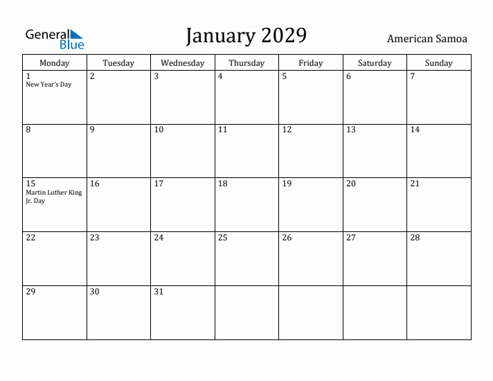 January 2029 Calendar American Samoa