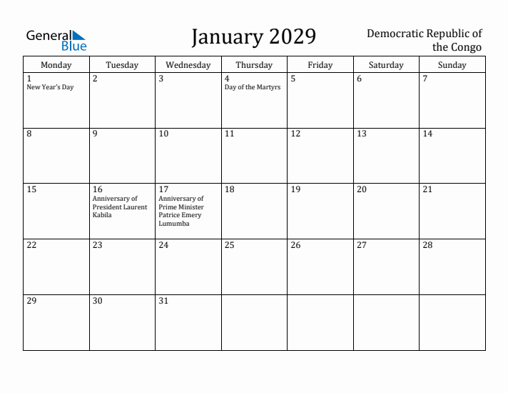 January 2029 Calendar Democratic Republic of the Congo