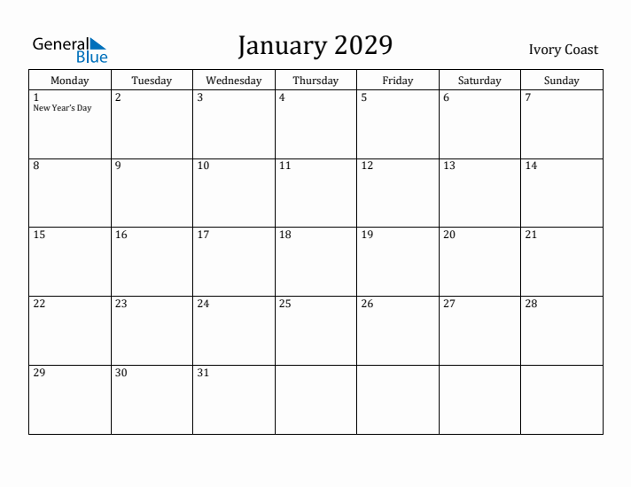 January 2029 Calendar Ivory Coast