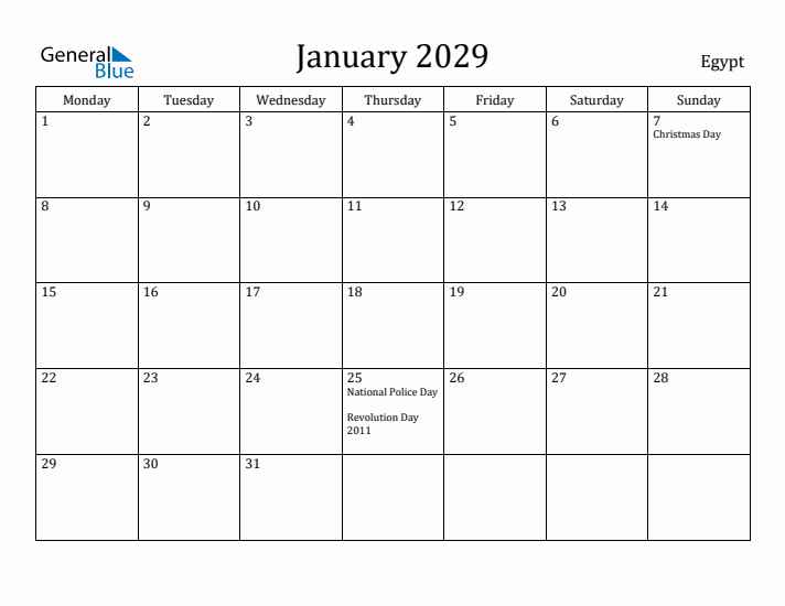 January 2029 Calendar Egypt