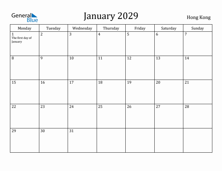 January 2029 Calendar Hong Kong
