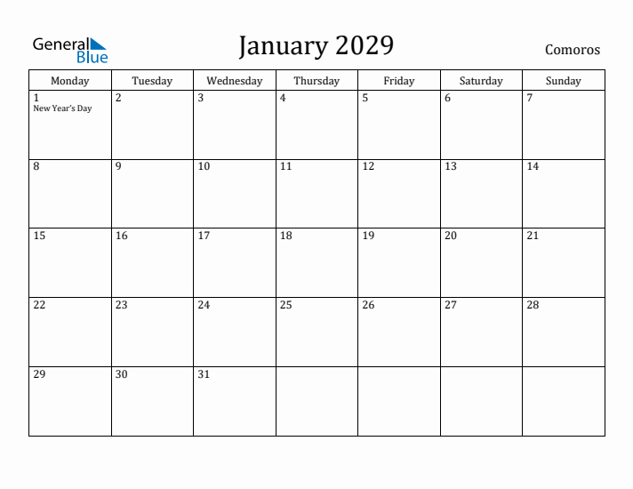 January 2029 Calendar Comoros