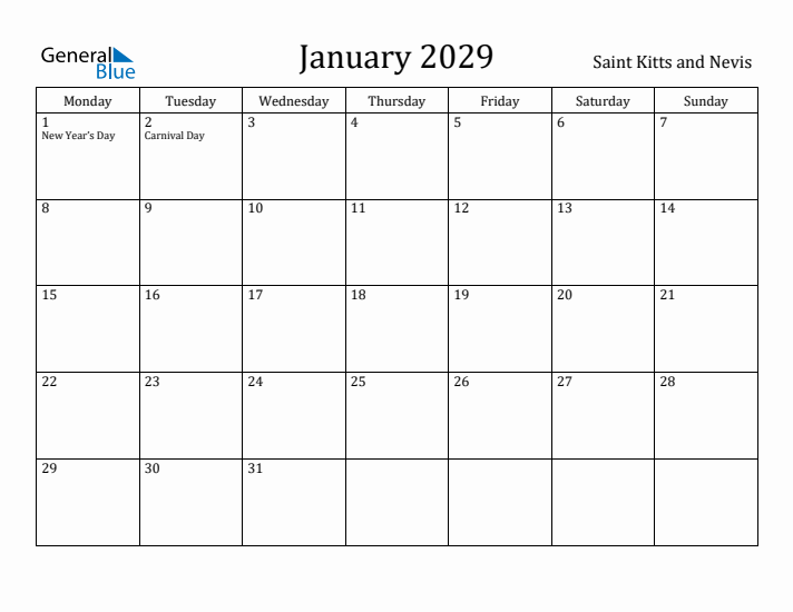 January 2029 Calendar Saint Kitts and Nevis