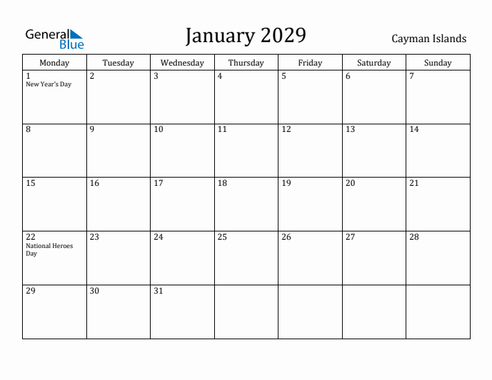 January 2029 Calendar Cayman Islands