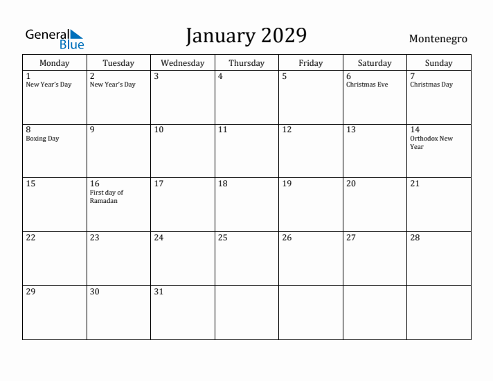 January 2029 Calendar Montenegro