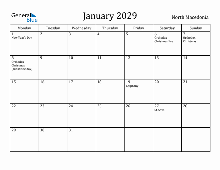 January 2029 Calendar North Macedonia