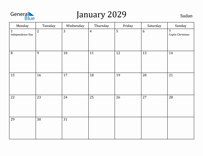 January 2029 Calendar Sudan