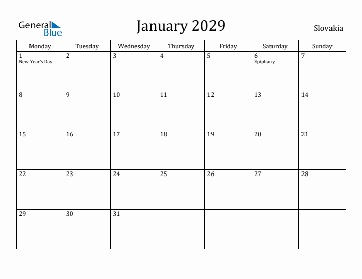 January 2029 Calendar Slovakia