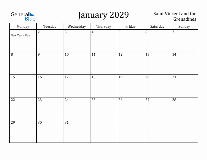 January 2029 Calendar Saint Vincent and the Grenadines