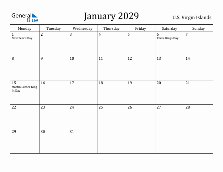 January 2029 Calendar U.S. Virgin Islands