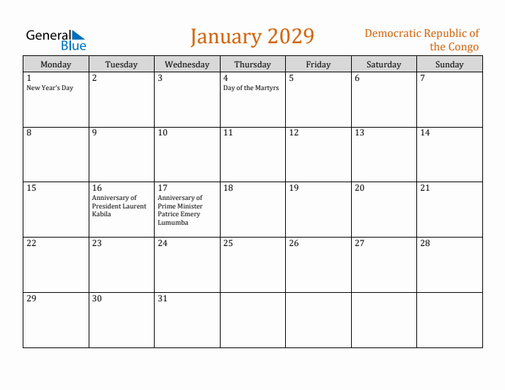 January 2029 Holiday Calendar with Monday Start
