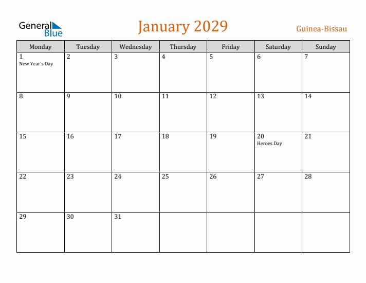 January 2029 Holiday Calendar with Monday Start