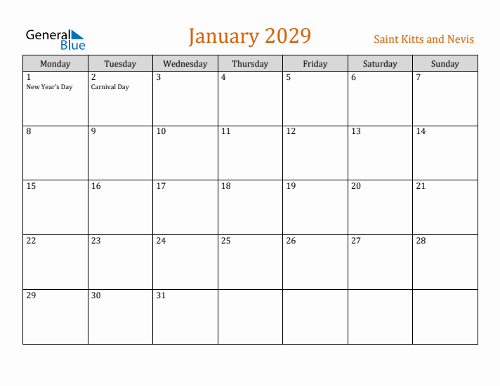 January 2029 Holiday Calendar with Monday Start