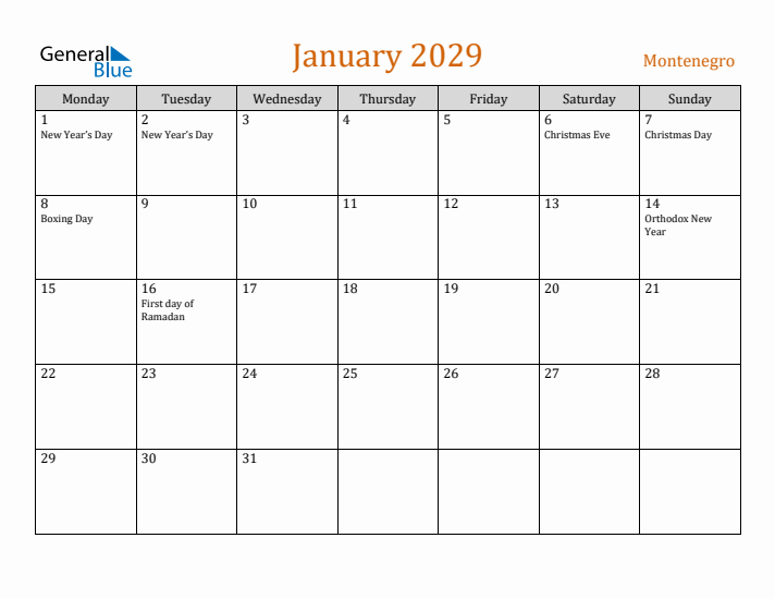 January 2029 Holiday Calendar with Monday Start