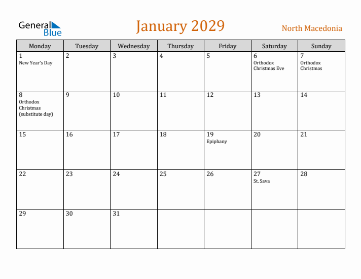 January 2029 Holiday Calendar with Monday Start