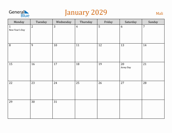 January 2029 Holiday Calendar with Monday Start