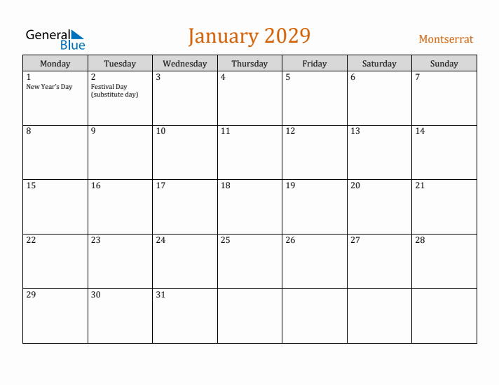 January 2029 Holiday Calendar with Monday Start