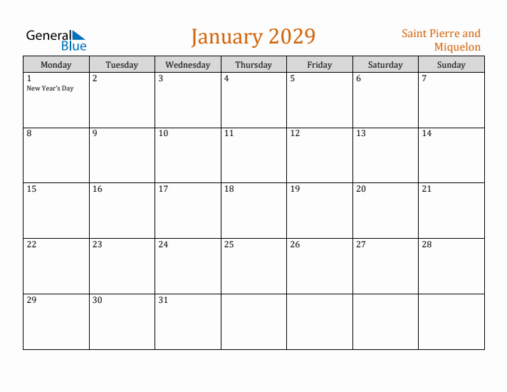 January 2029 Holiday Calendar with Monday Start