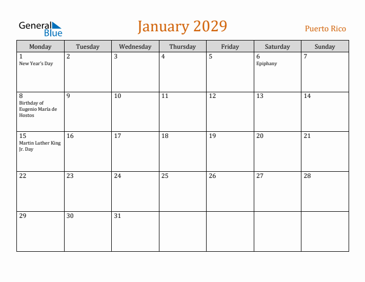 January 2029 Holiday Calendar with Monday Start