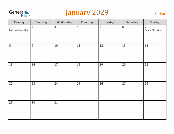 January 2029 Holiday Calendar with Monday Start