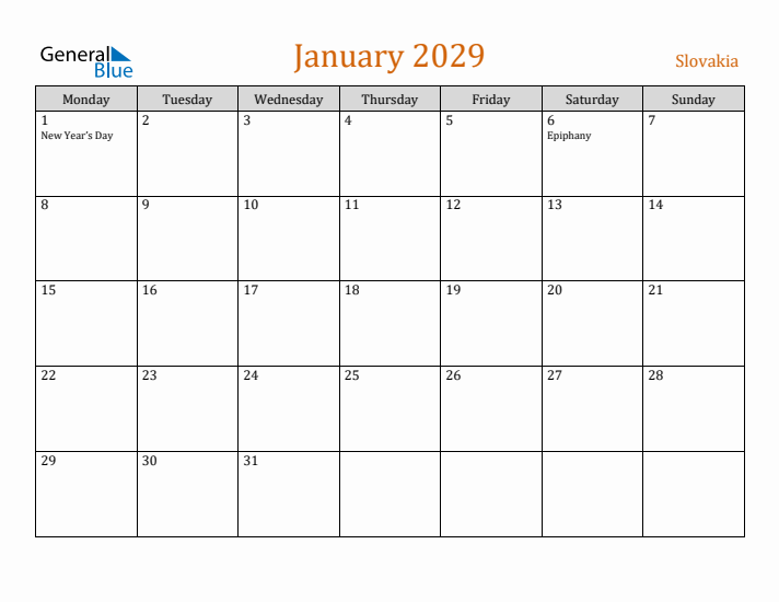 January 2029 Holiday Calendar with Monday Start