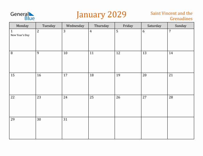 January 2029 Holiday Calendar with Monday Start