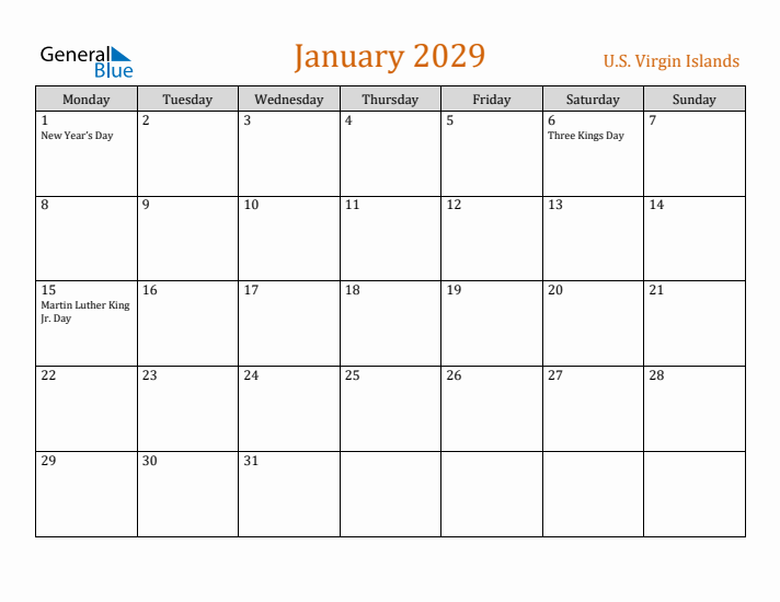 January 2029 Holiday Calendar with Monday Start