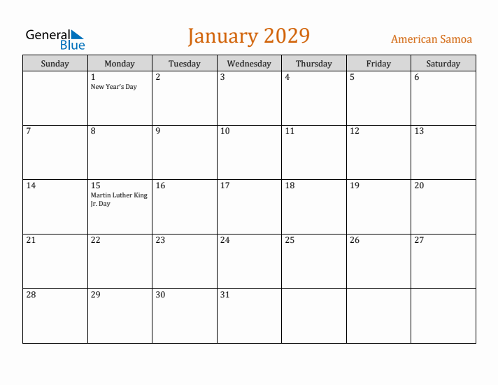 January 2029 Holiday Calendar with Sunday Start