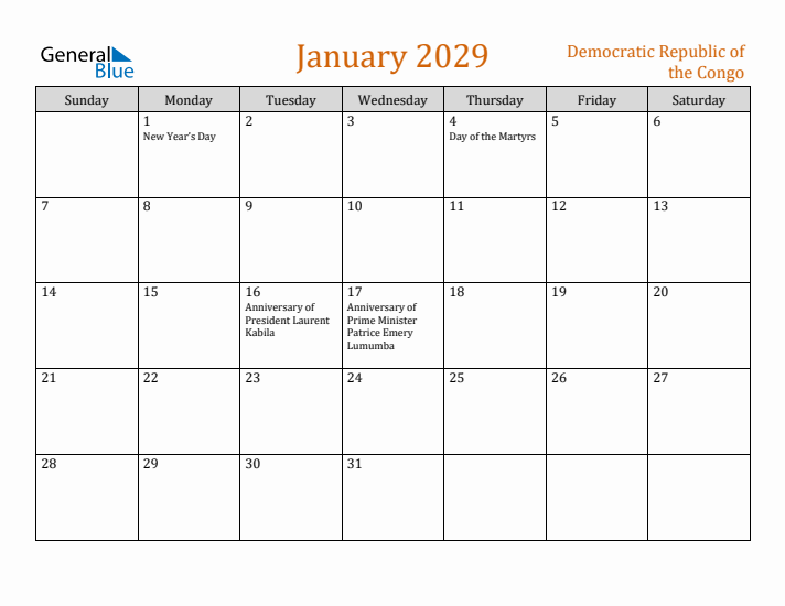 January 2029 Holiday Calendar with Sunday Start