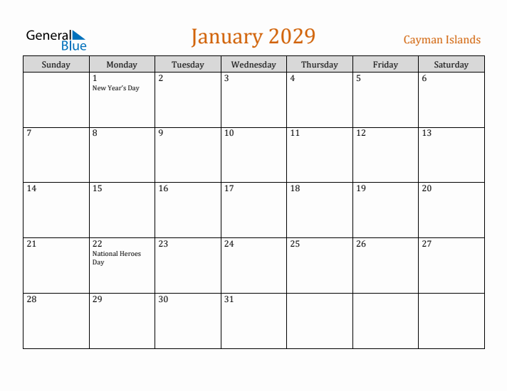 January 2029 Holiday Calendar with Sunday Start
