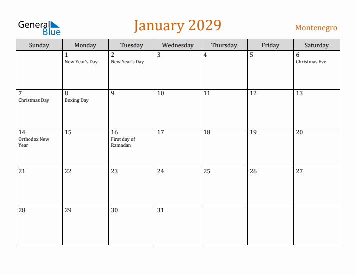 January 2029 Holiday Calendar with Sunday Start