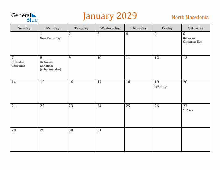January 2029 Holiday Calendar with Sunday Start