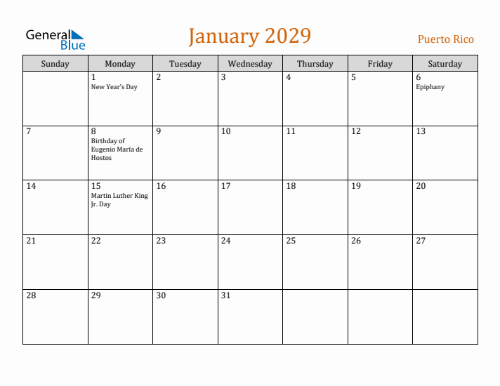 January 2029 Holiday Calendar with Sunday Start